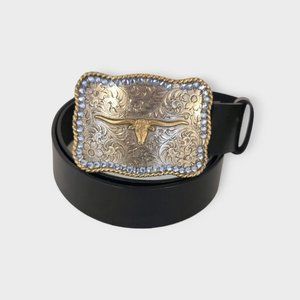 VINTAGE 1995 Amiee Lynn Texas Longhorn Steer Cattle Buckle on Black Leather Belt
